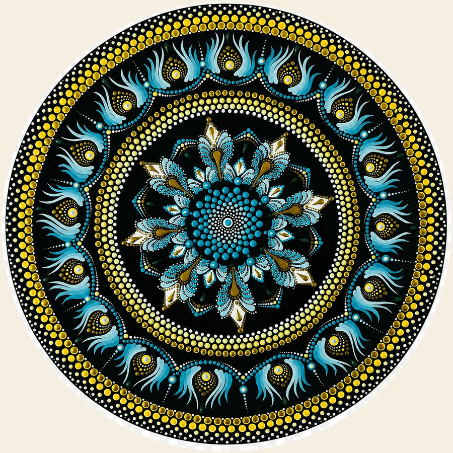 Mandala em pontilhismo com tons de amarelo, turquesa e preto